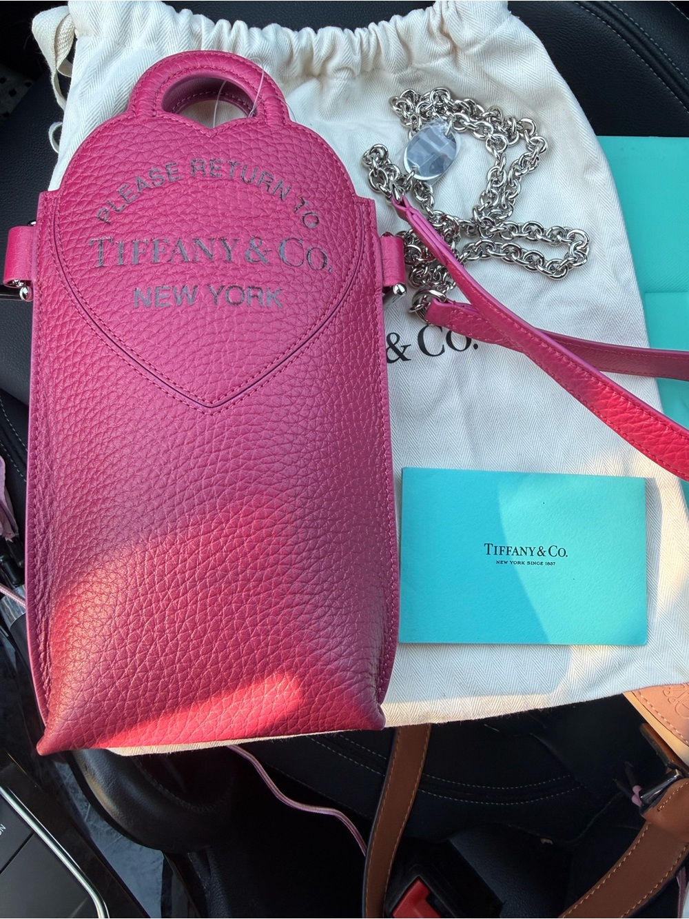 New! Tiffany & Co. Ombré Pink Pebbled Leather Crossbody Phone Bag